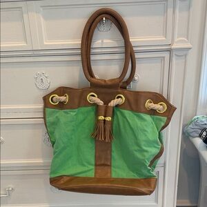 Green and Brown Canvas Tote Bag with Tassel